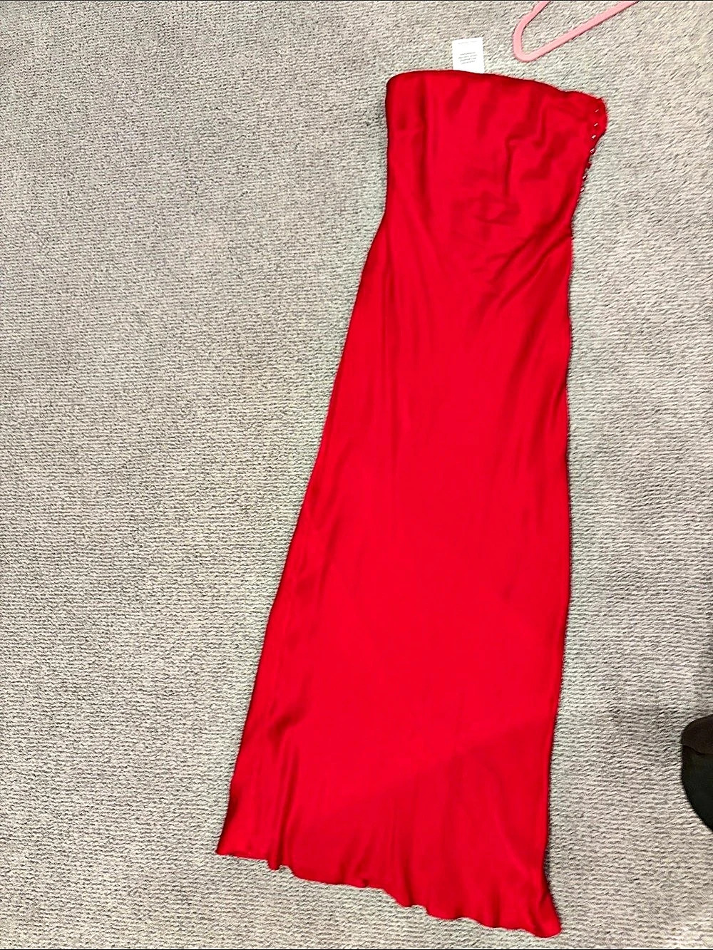 Cult Gia gown never worn Red Strapless satin dress / covered buttons down side